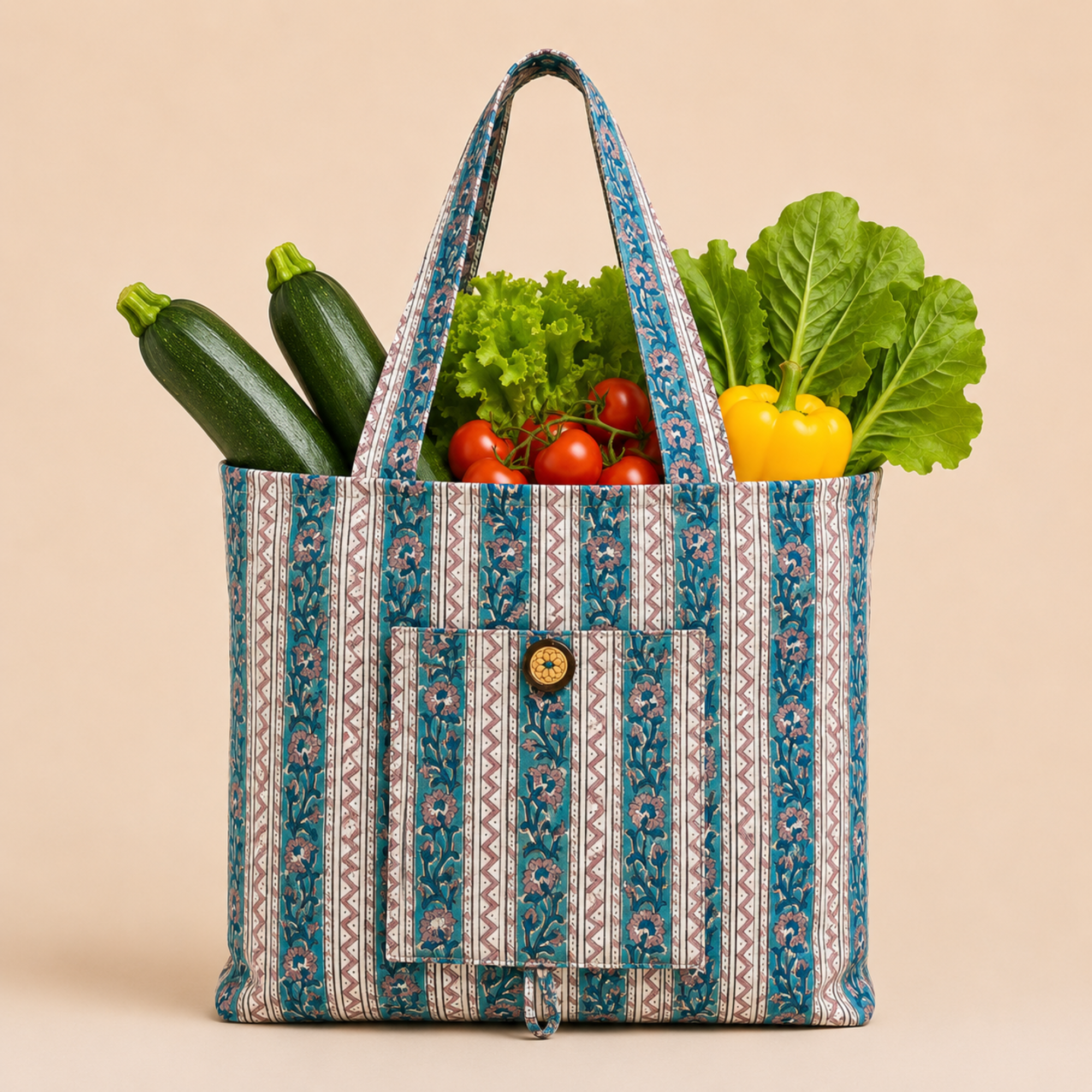 A patterned fabric tote bag filled with fresh vegetables, including zucchini, tomatoes, lettuce, and a yellow bell pepper, set against a solid beige background.