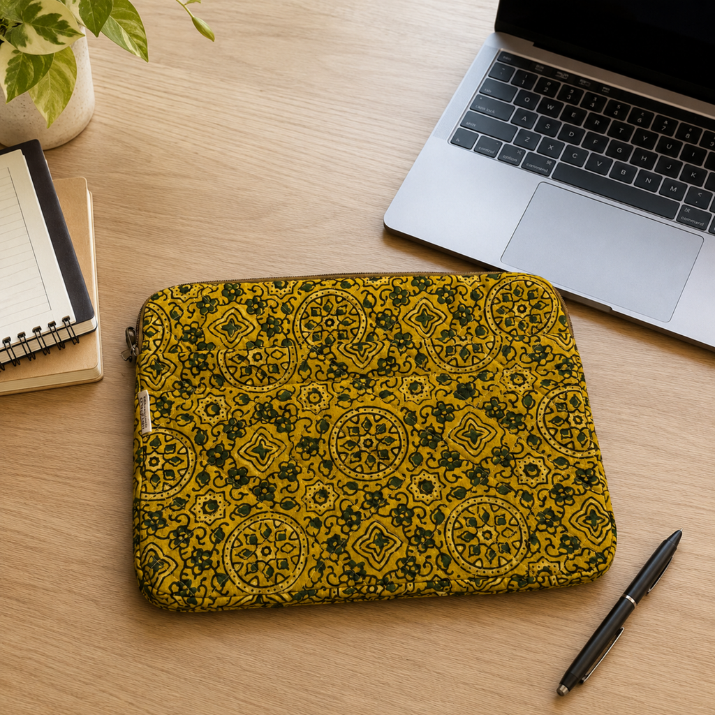 Mustard Ajrakh Print Quilted Laptop Sleeve