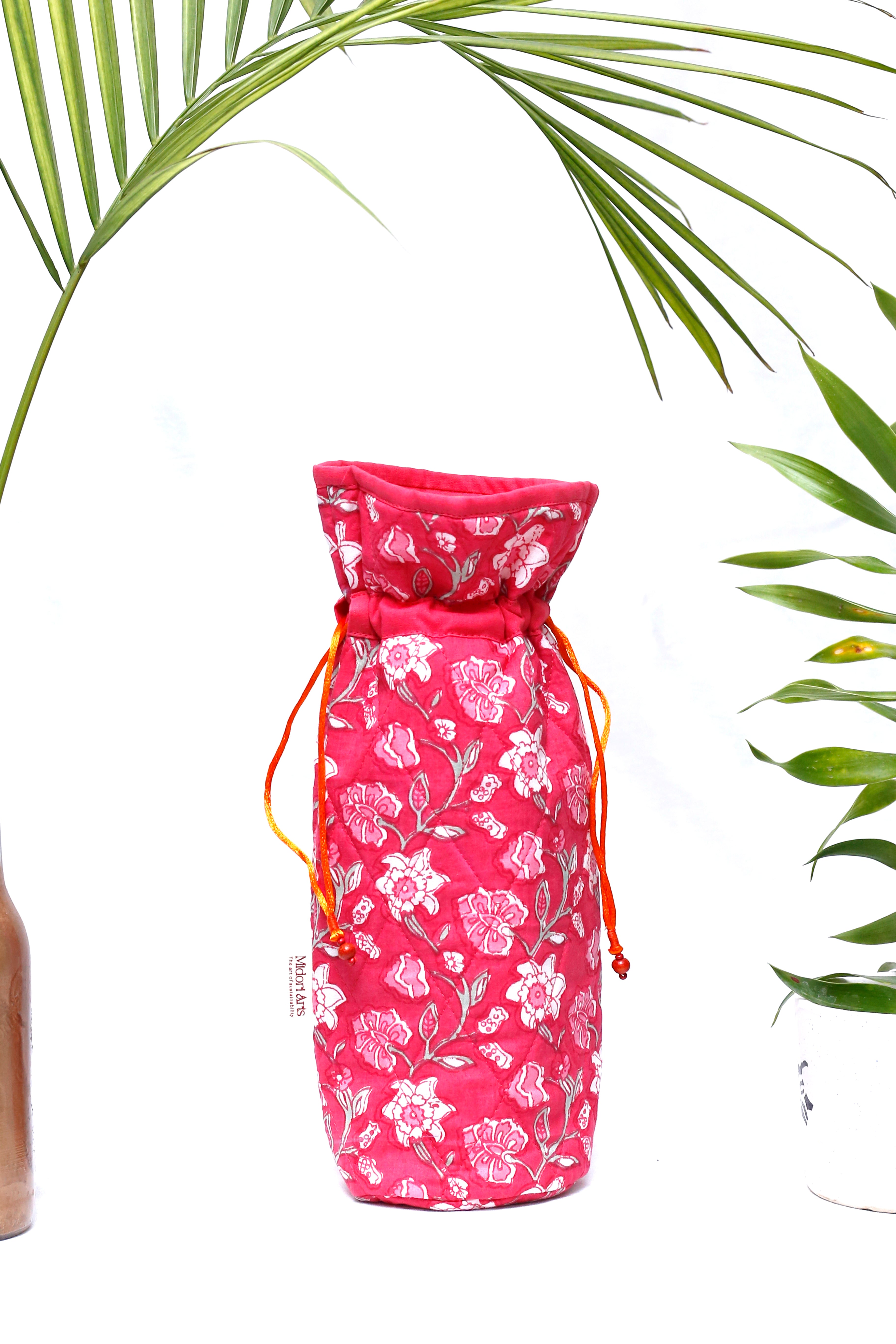 Pink Handcrafted block Print Quilted Bottle Cover