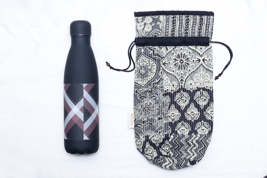 Black & White Handcrafted Block Print Quilted Bottle Cover