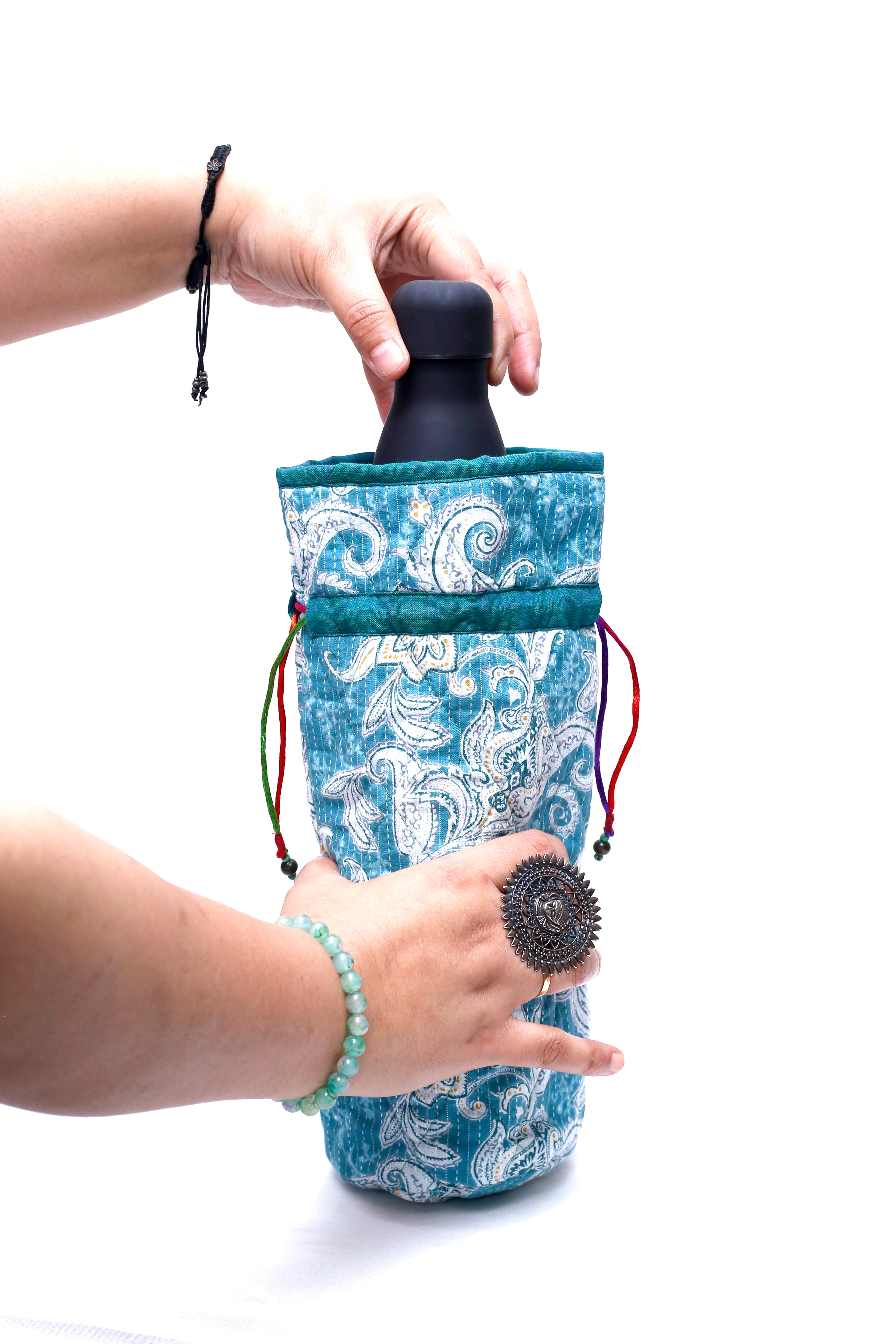 Blue Handcrafted Block Print Quilted Bottle Cover