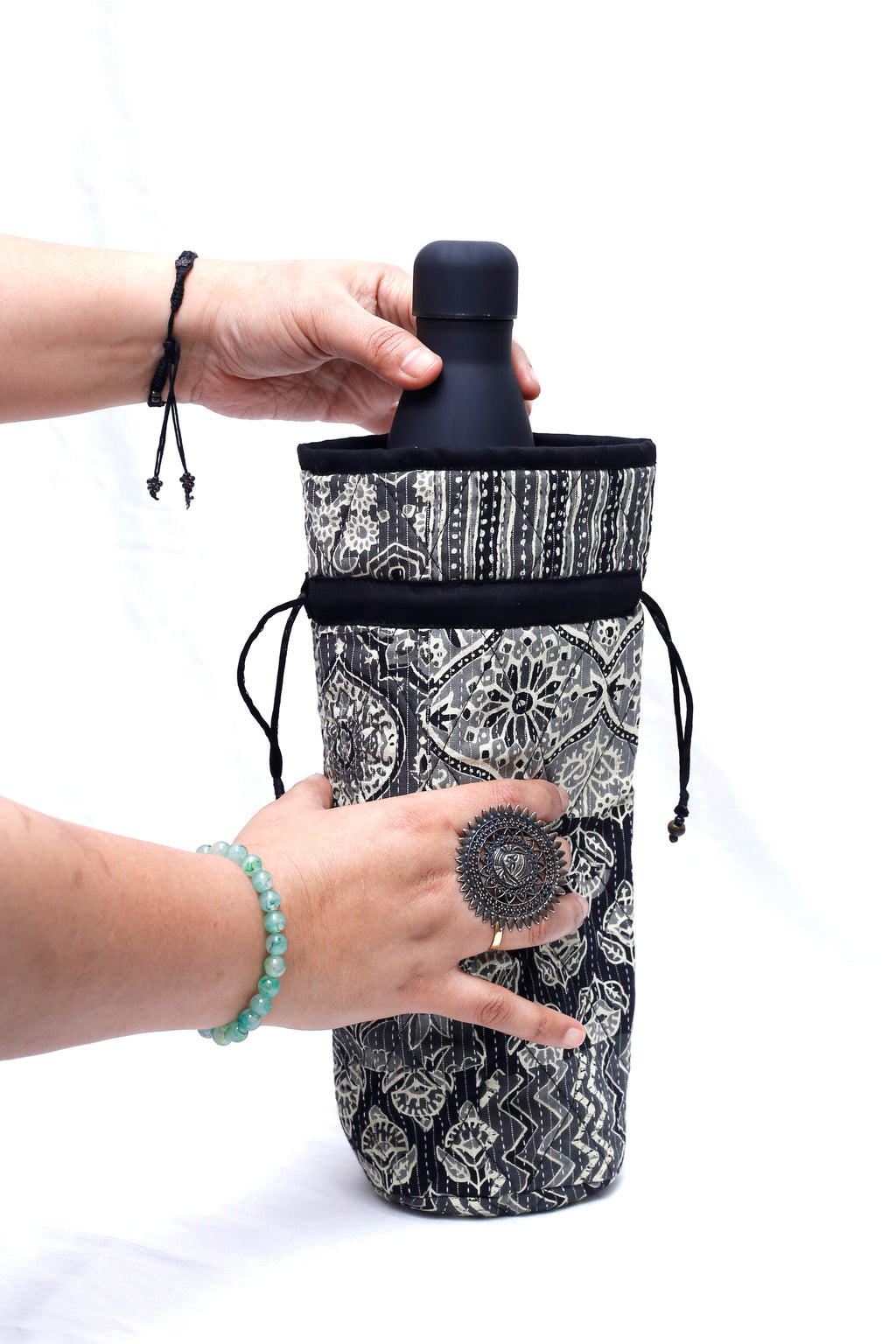 Black & White Handcrafted Block Print Quilted Bottle Cover