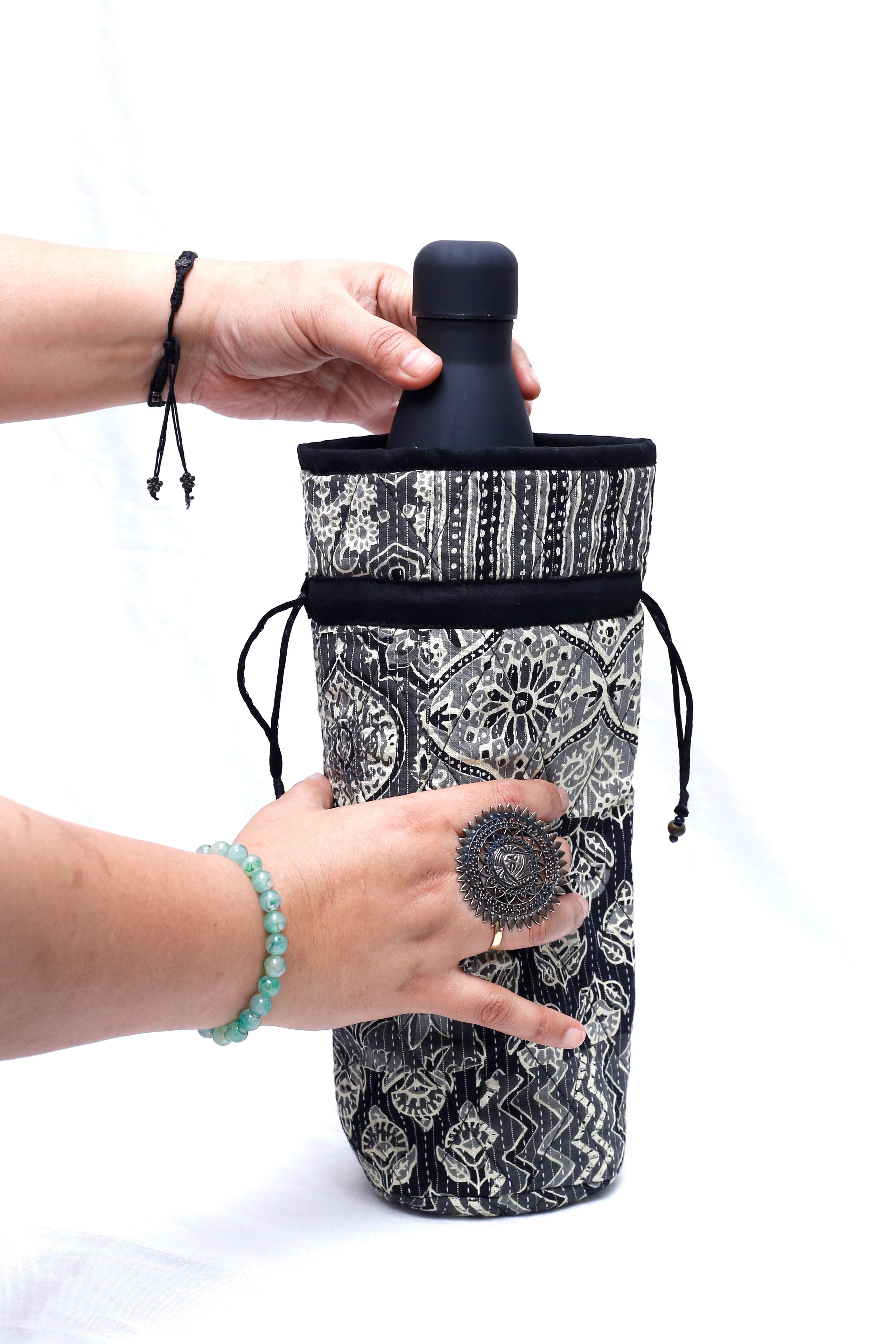 Black & White Handcrafted Block Print Quilted Bottle Cover