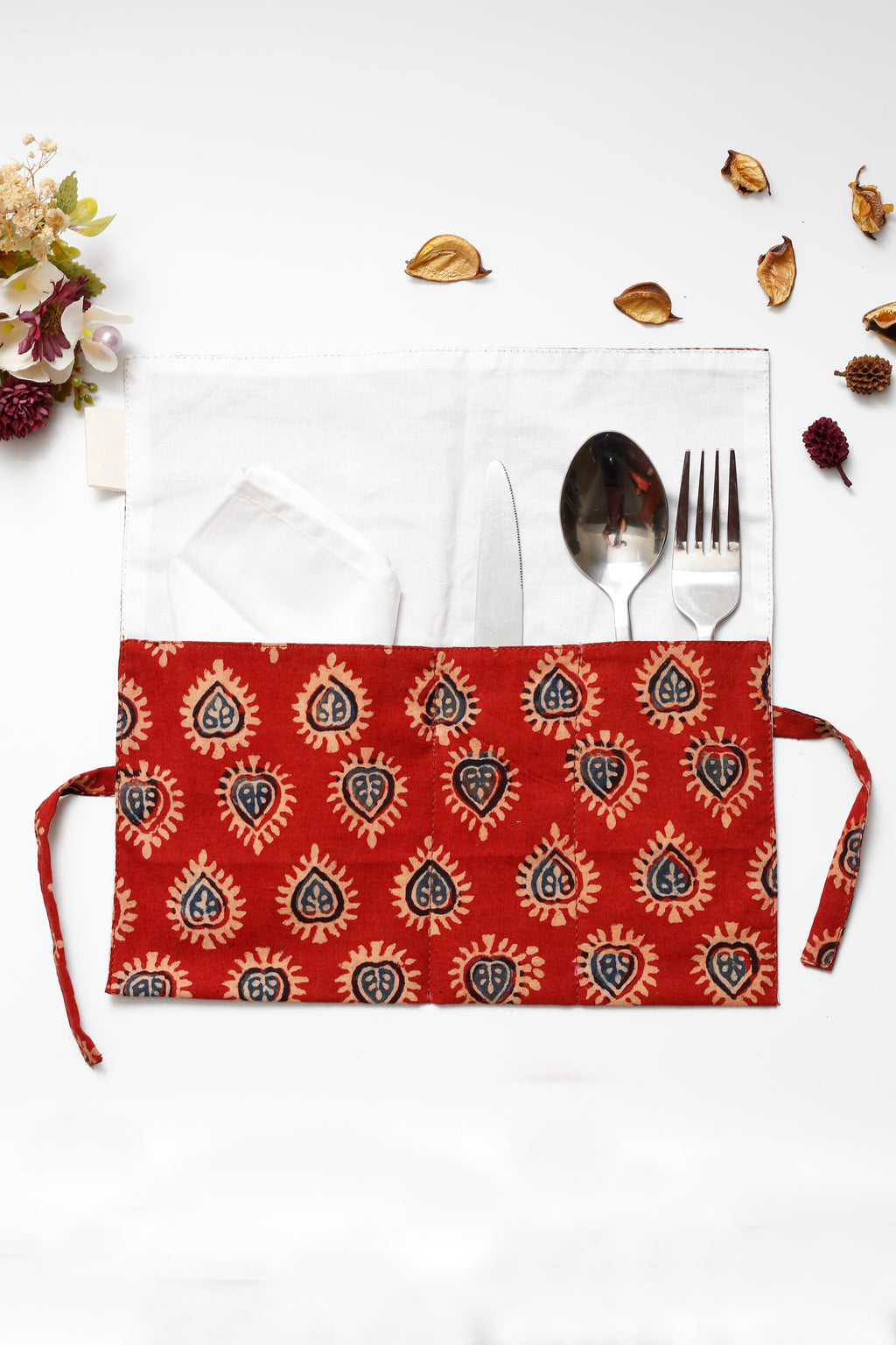 Red Ajrakh Print Handcrafted Cutlery Roll Up
