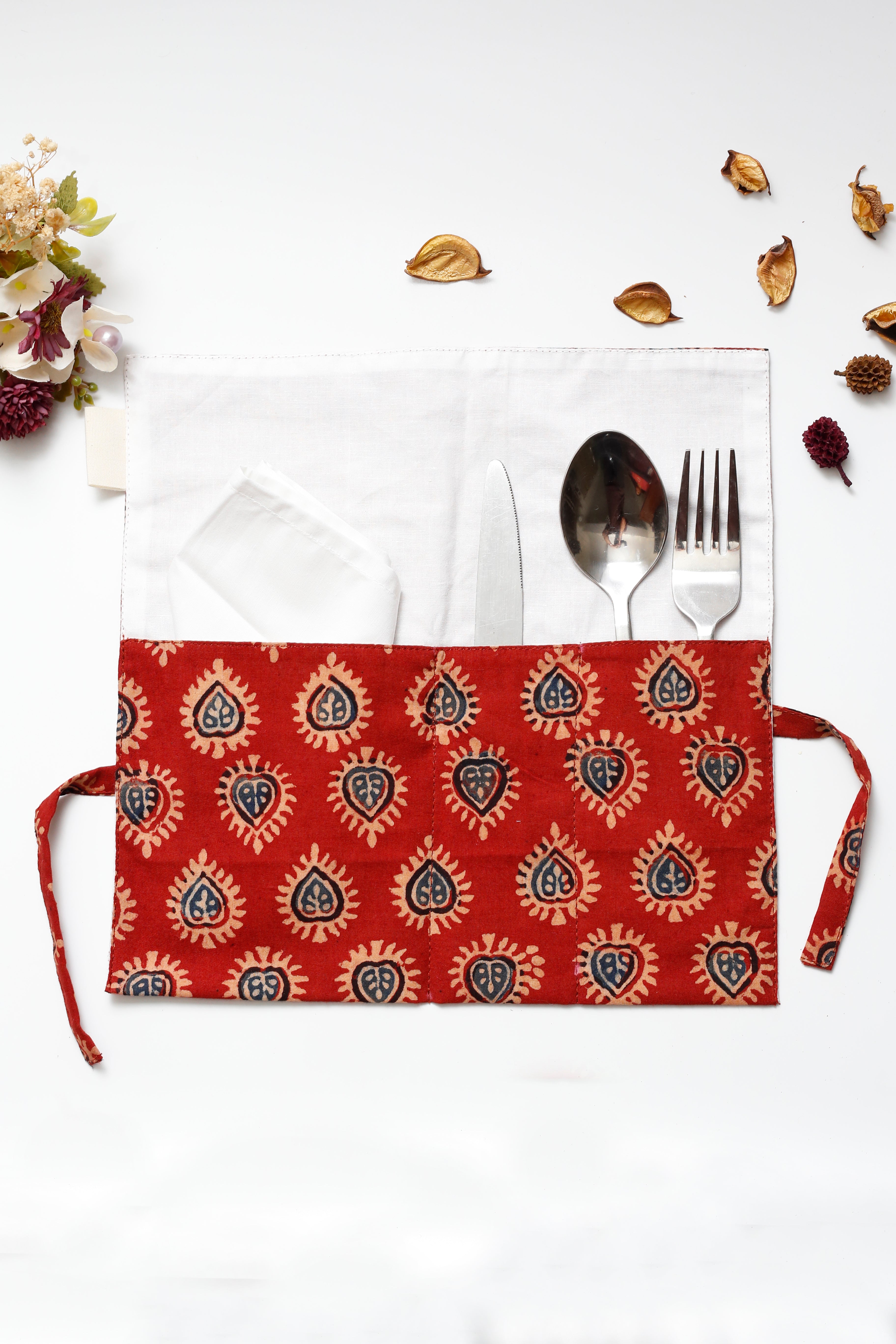 Red Ajrakh Print Handcrafted Cutlery Roll Up