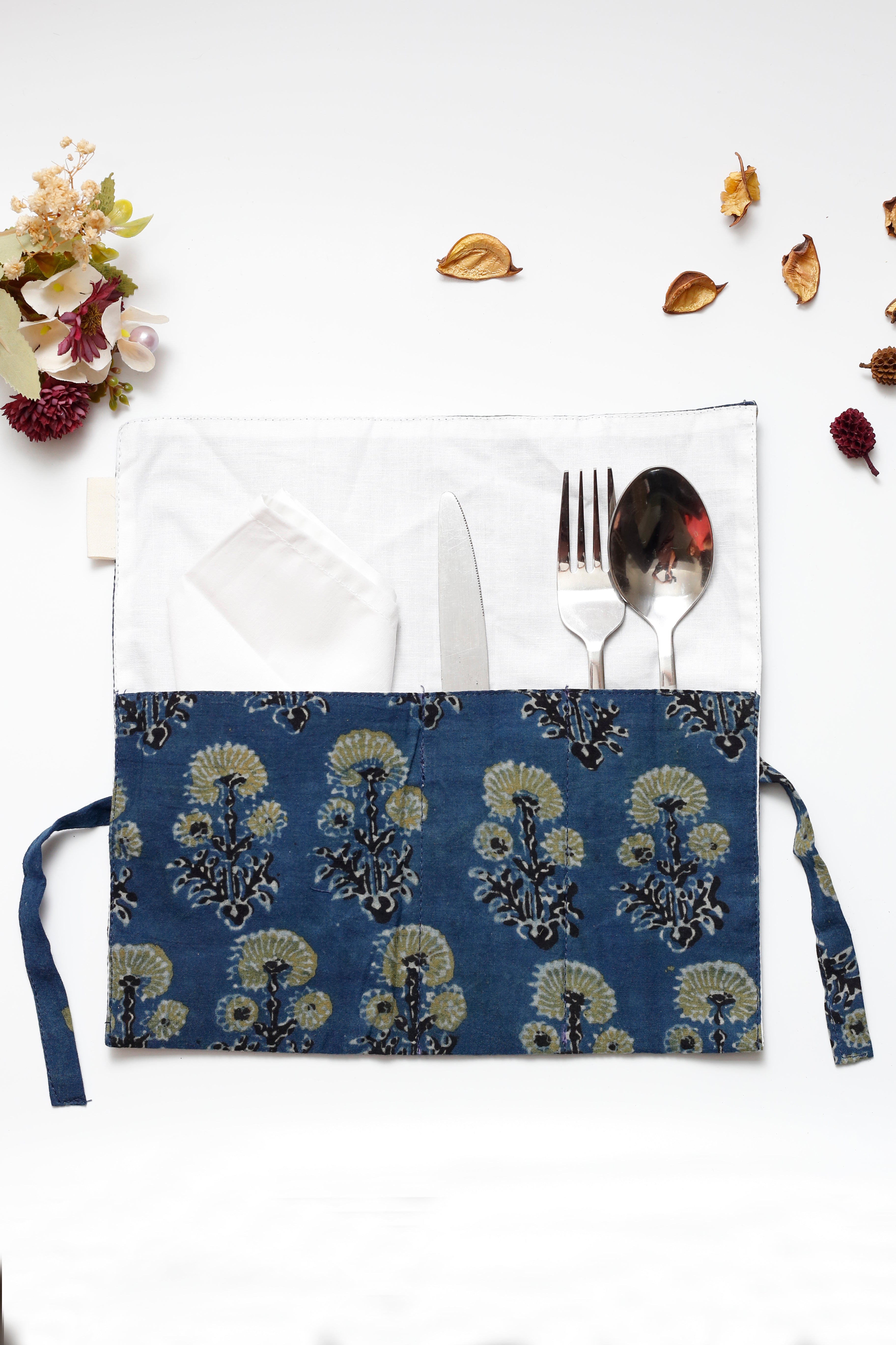 Indigo Ajrakh Print Handcrafted Cutlery Roll Up