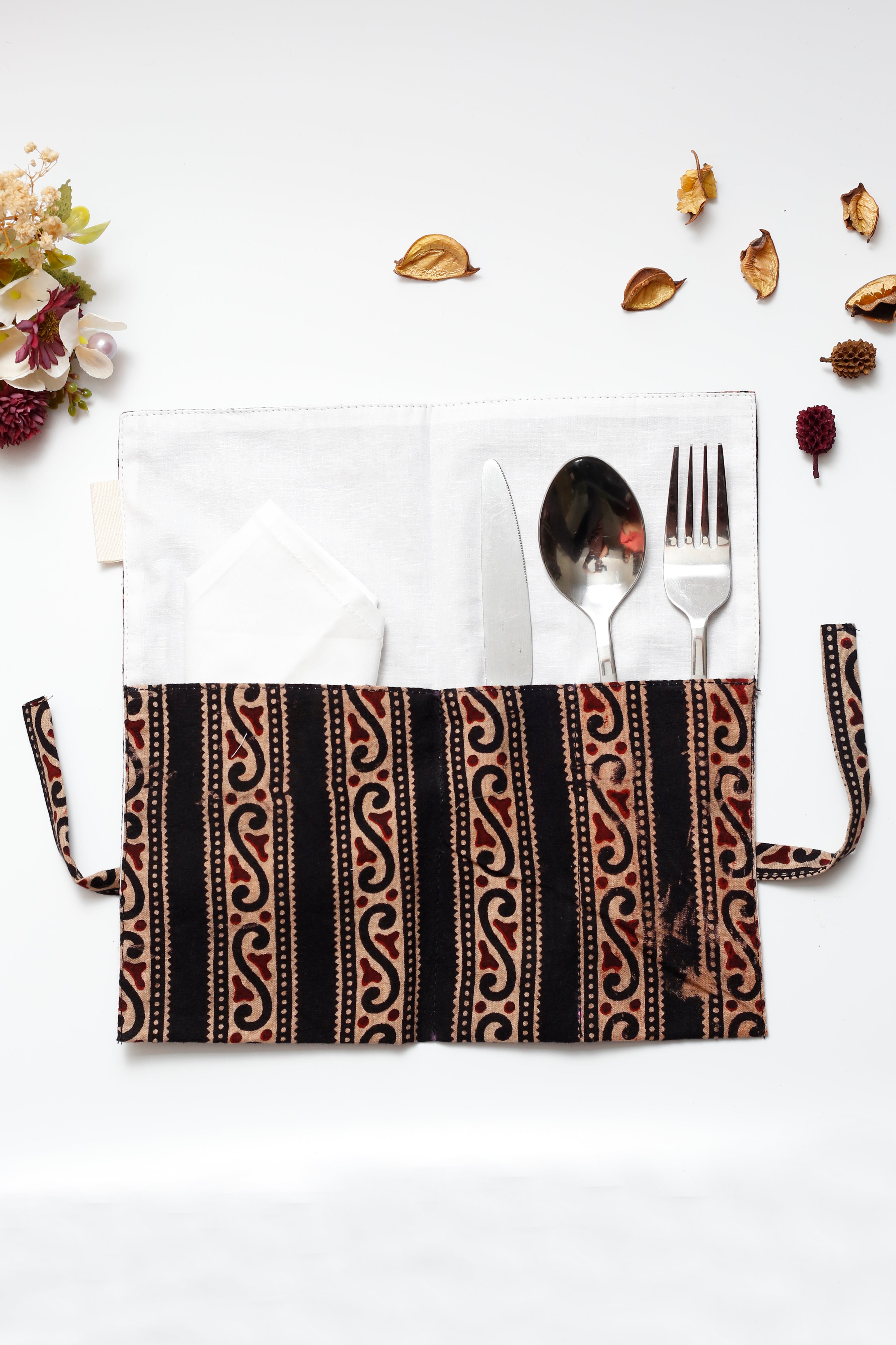 Black Ajrakh Print Handcrafted Cutlery Roll Up