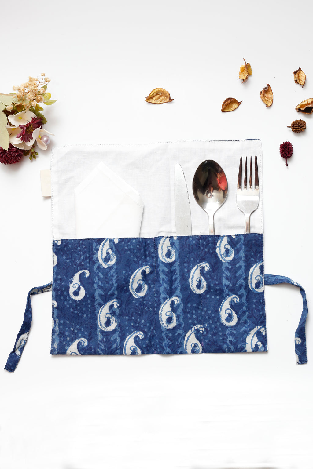 Indigo Handblock Print Handcrafted Cutlery Roll Up