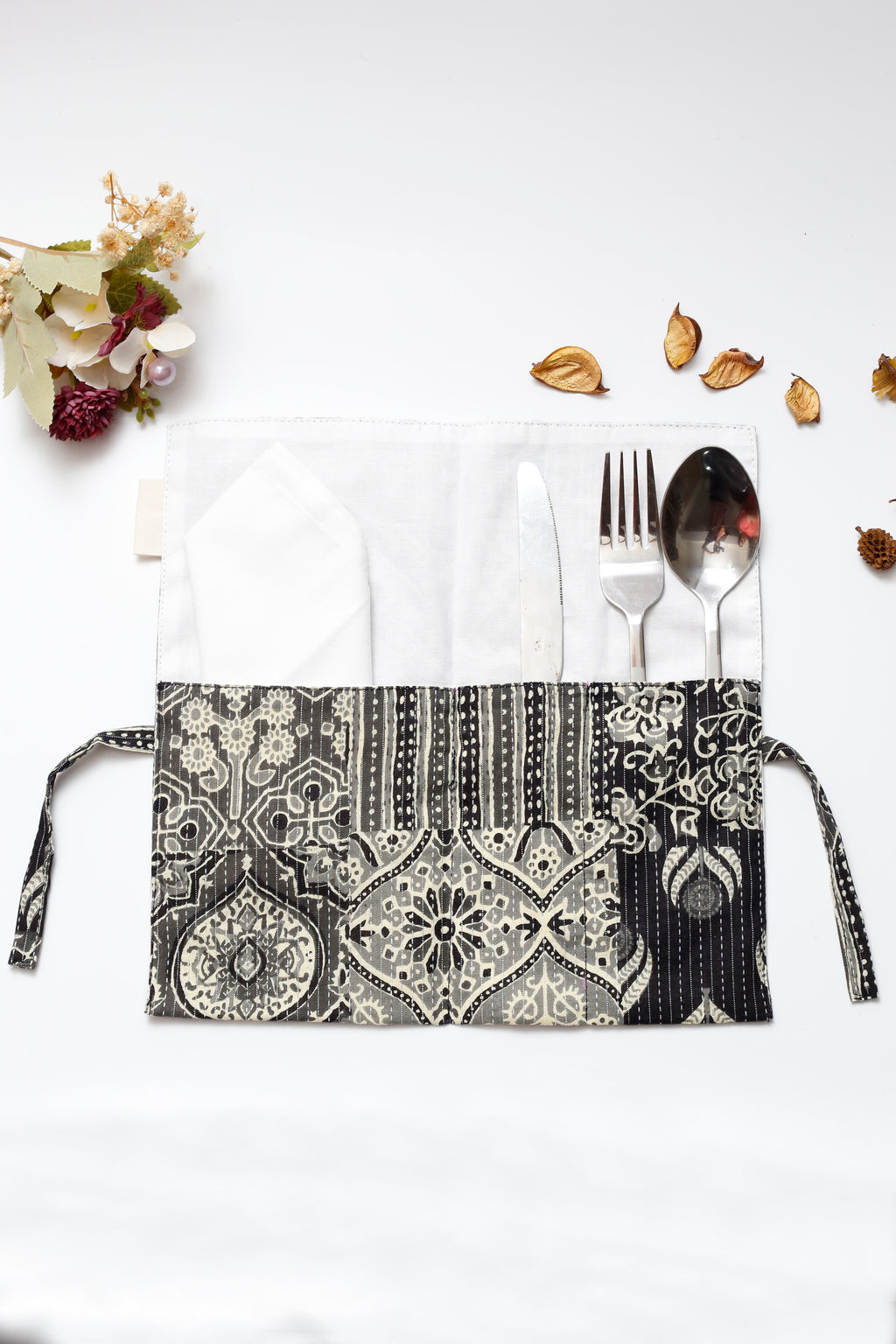Black and white Handblock Print  Handcrafted Cutlery Roll Up