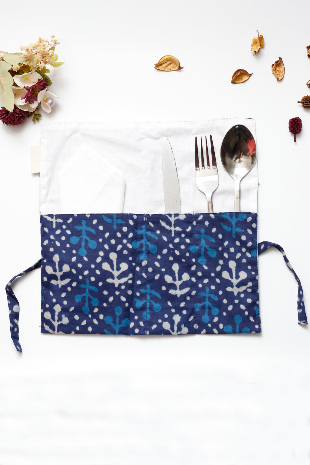 Indigo Handblock Print Handcrafted Cutlery Roll Up