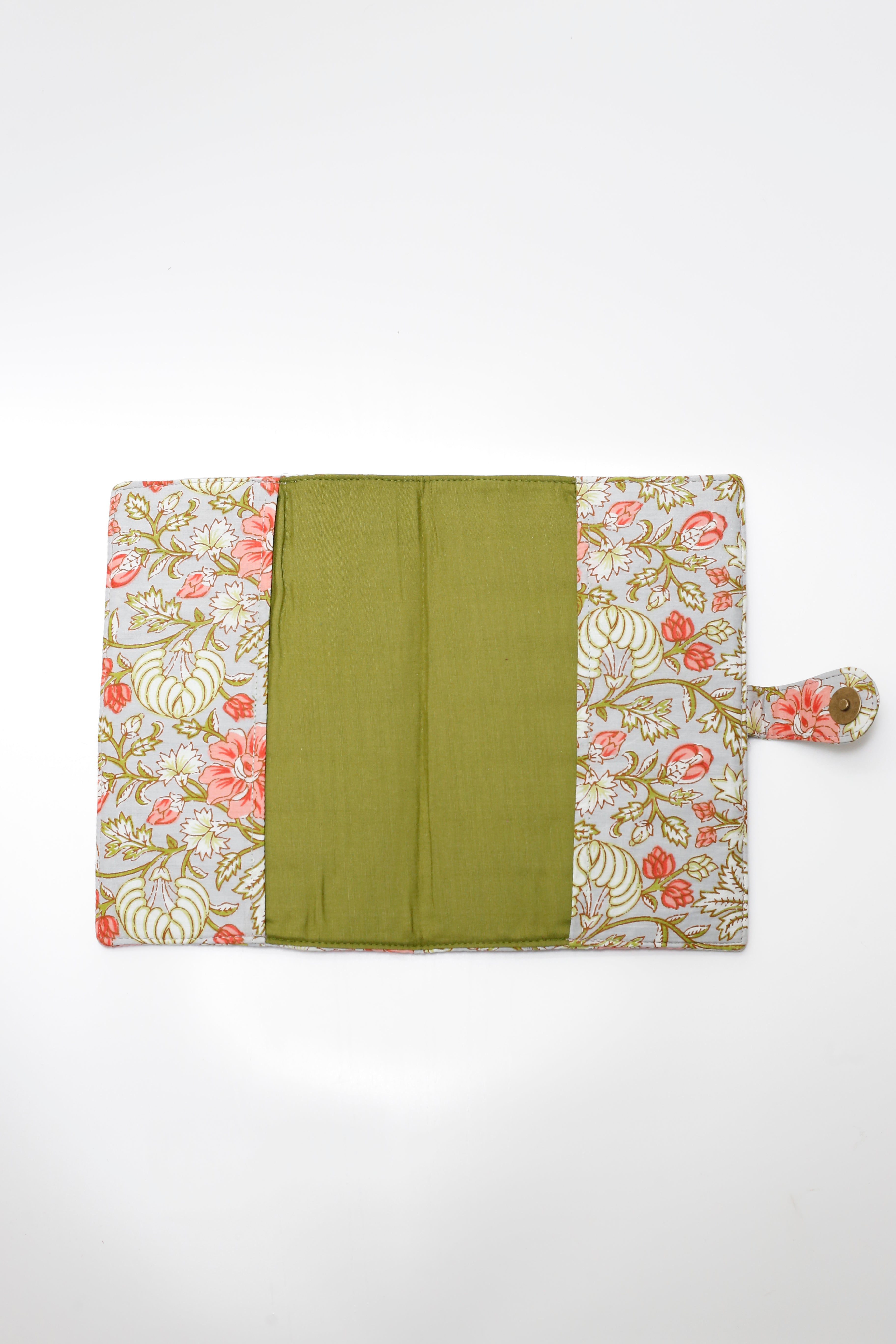 Green Floral Elegance Handcrafted Quilted Fabric Book/Diary Sleeve