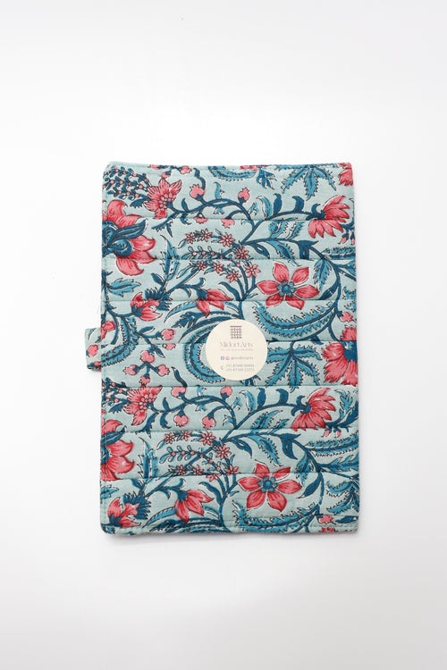 Blue Floral Elegance Handcrafted Quilted Fabric Book/Diary Sleeve