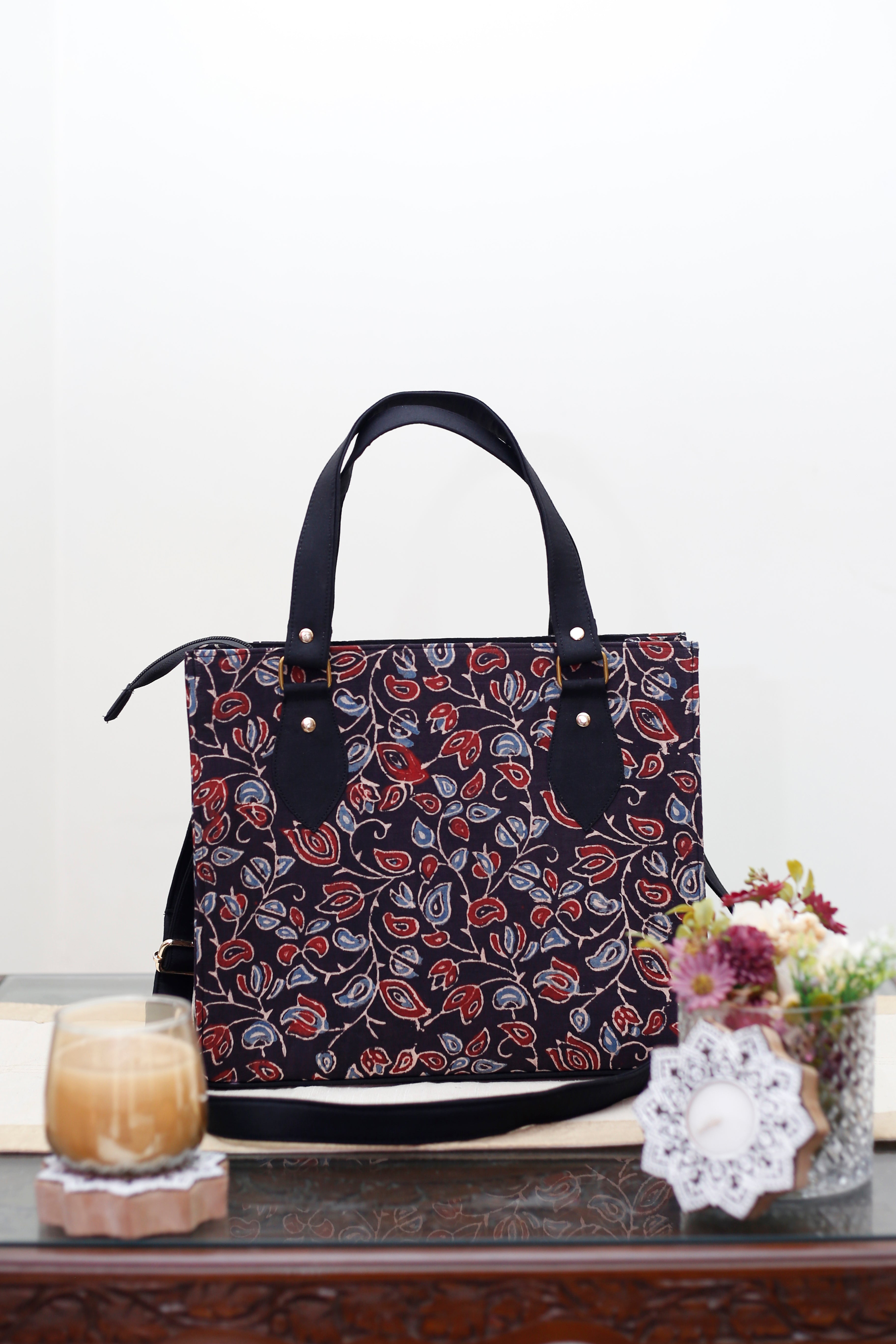Black Floral Handcrafted Ajrakh HandBlock Shoulder/Handbag
