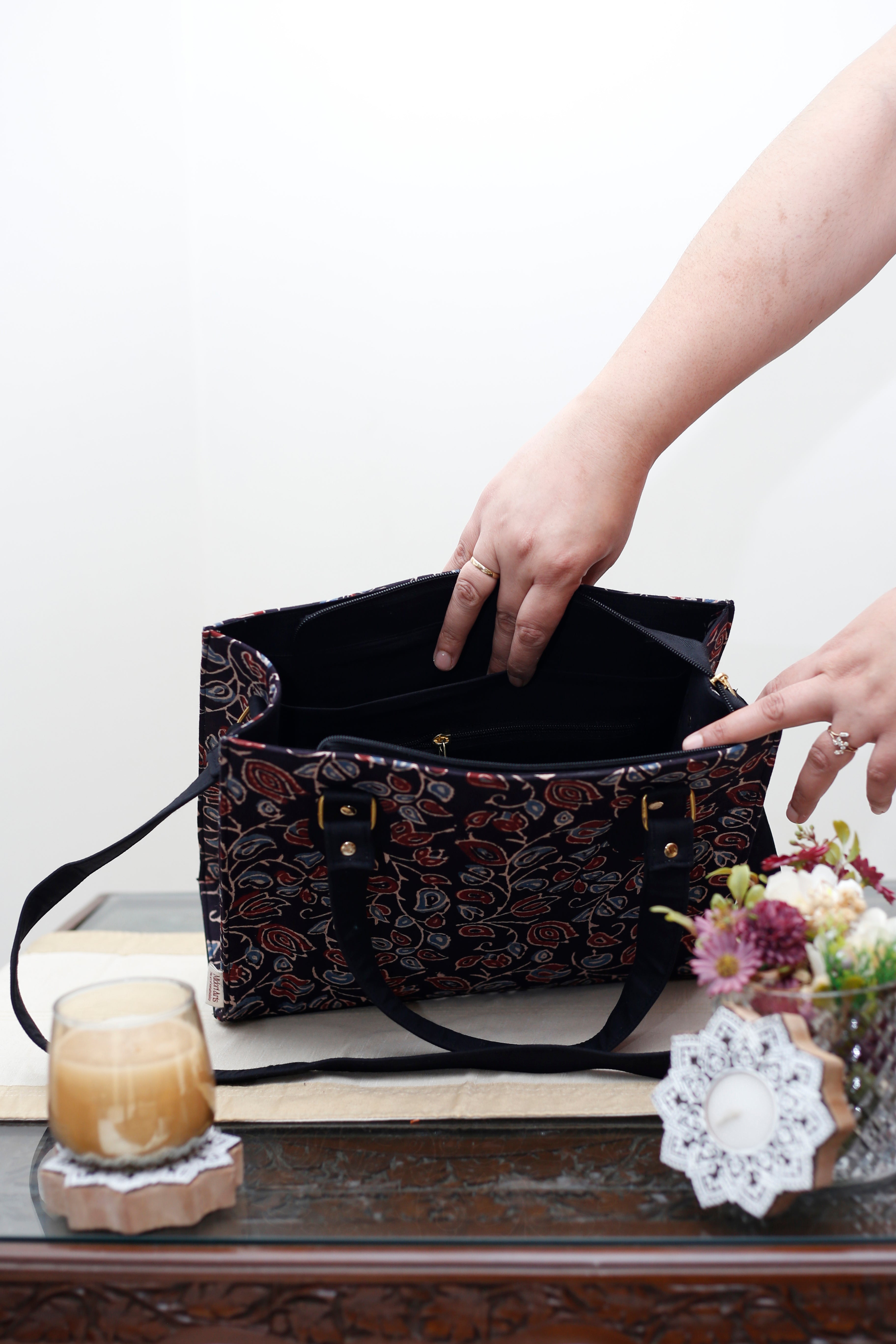 Black Floral Handcrafted Ajrakh HandBlock Shoulder/Handbag