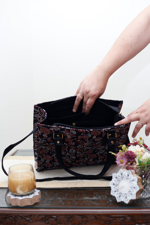 Black Floral Handcrafted Ajrakh HandBlock Shoulder/Handbag