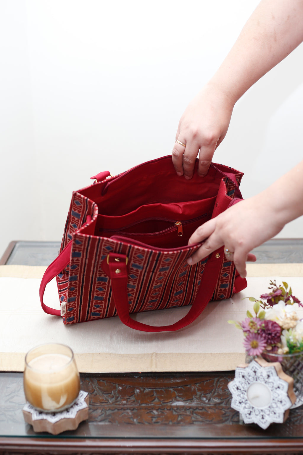 Red Striped Handcrafted Ajrakh HandBlock Shoulder/Handbag