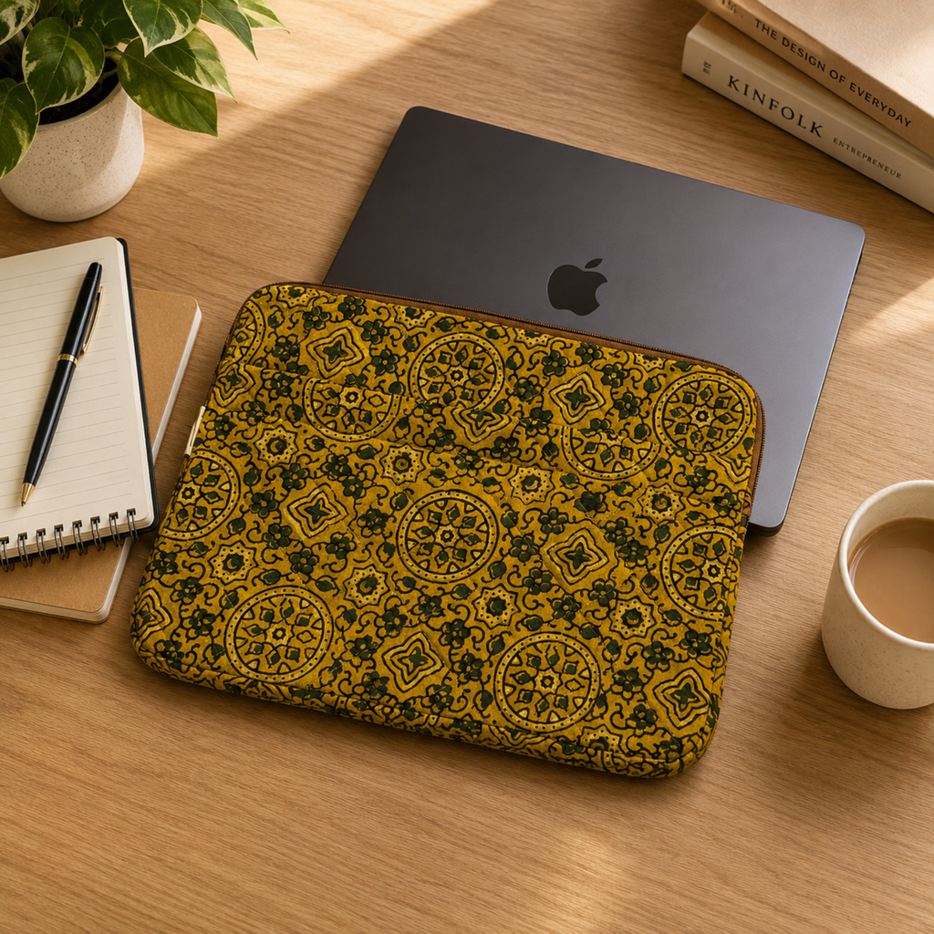 Mustard Ajrakh Print Quilted Laptop Sleeve