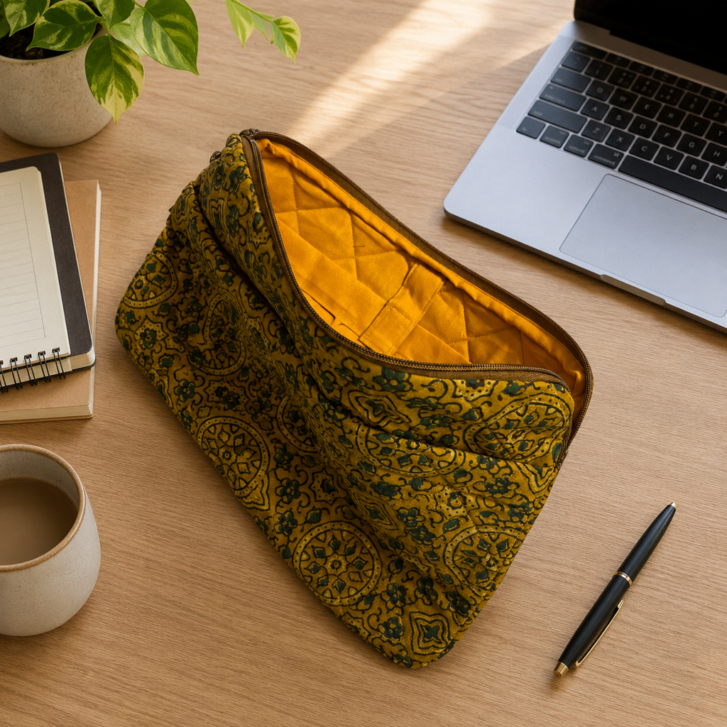 Mustard Ajrakh Print Quilted Laptop Sleeve