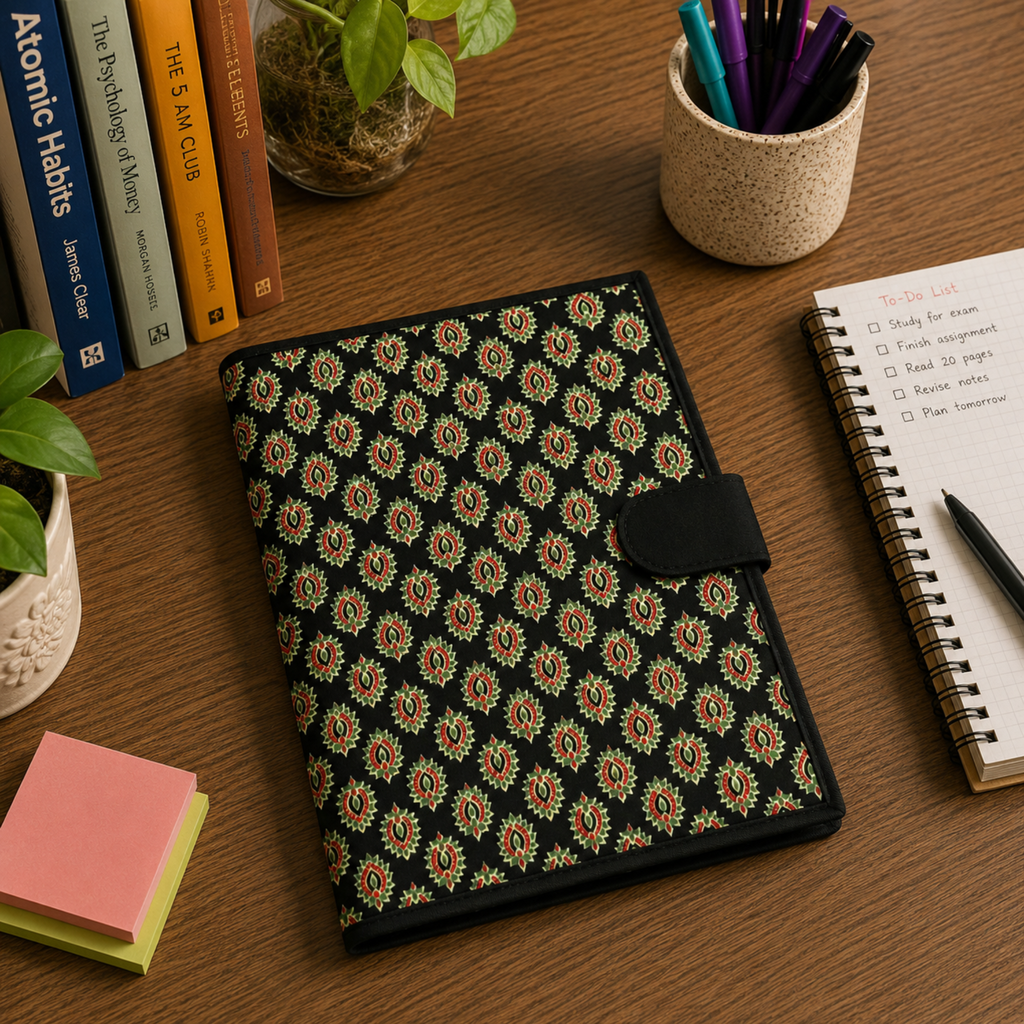 Handcrafted File Folder - Black Handblock Print