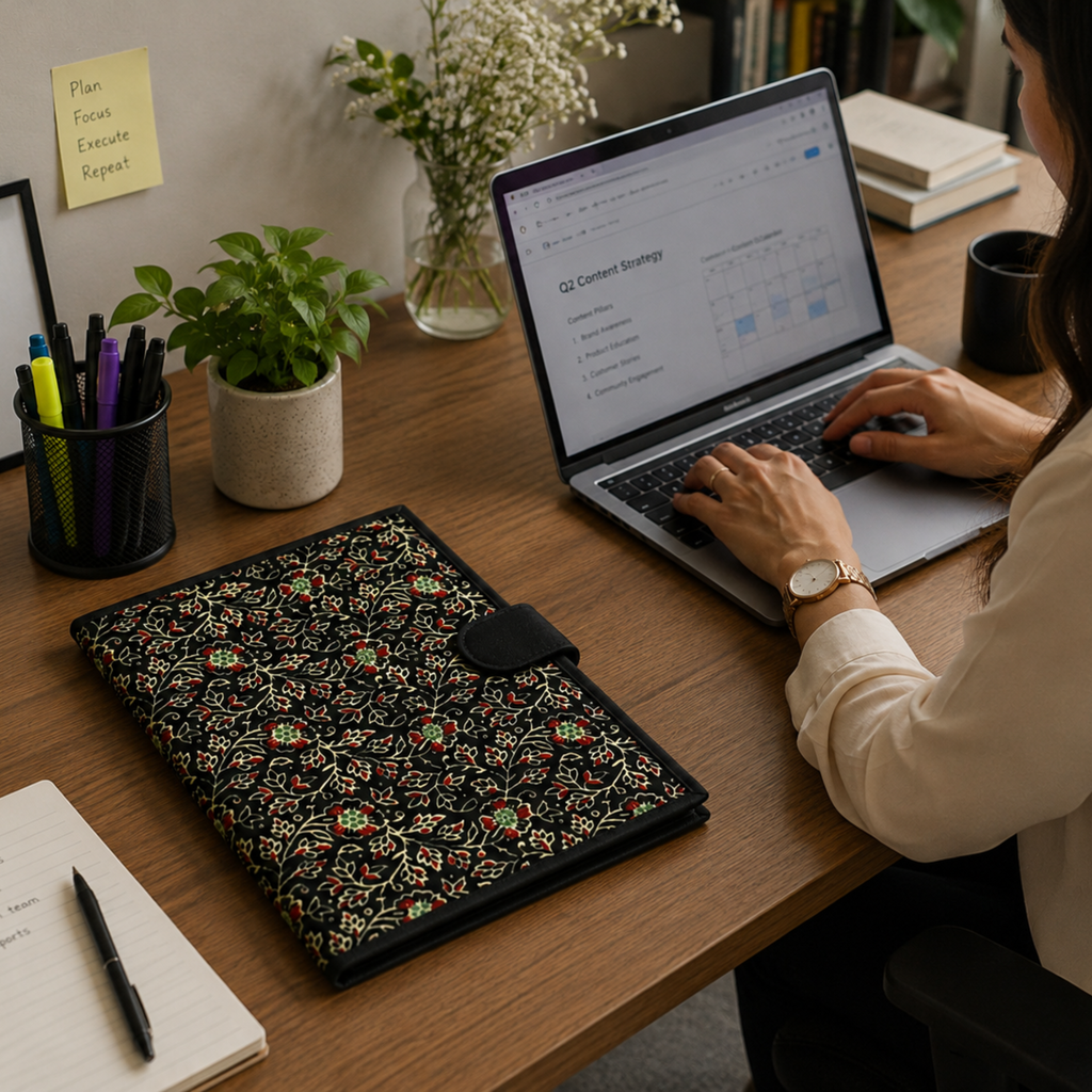 Handcrafted File Folder - Black Floral Handblock Print