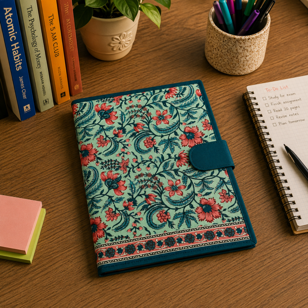 Handcrafted File Folder - Teal  Floral Handblock Print