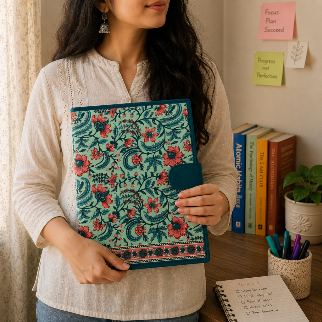Handcrafted File Folder - Teal  Floral Handblock Print
