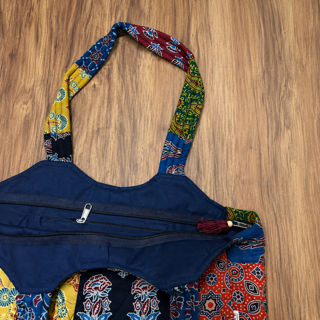 Patchwork Ajrakh Print Boat Curve Quilted Tote