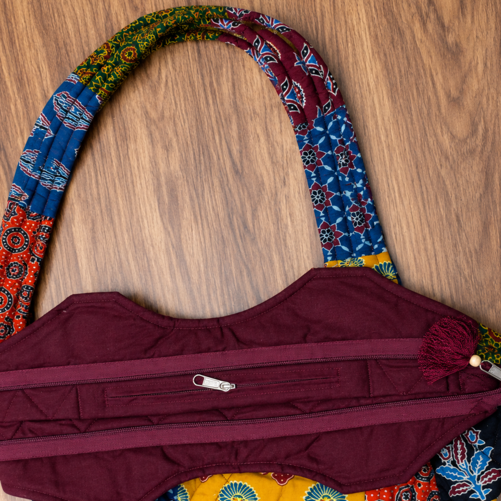 Multicoloured Ajrakh Print Boat Curve Quilted Tote