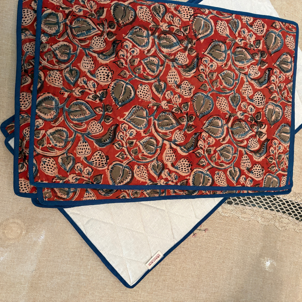 Red Kalamkari Quilted Table Mats With Runner Set