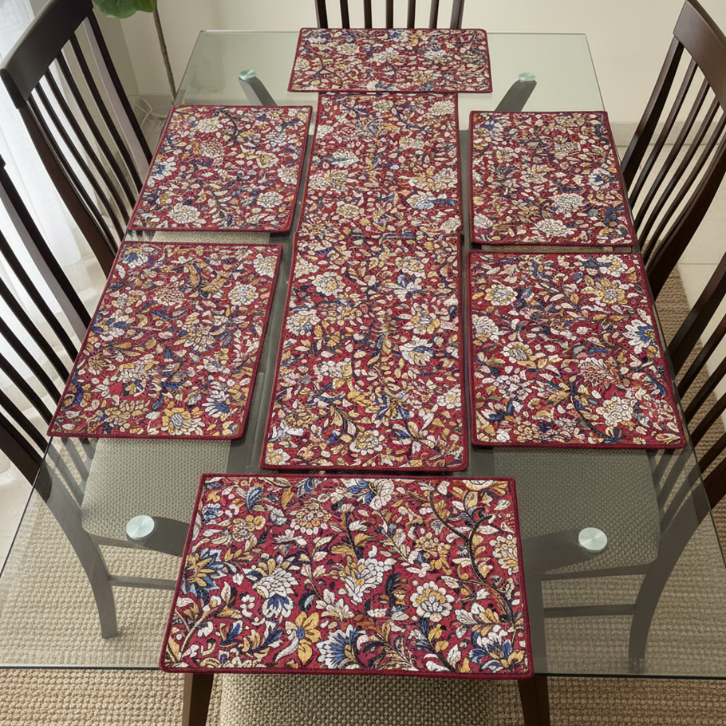 Maroon Kalamkari Quilted Table Mats With Runner Set