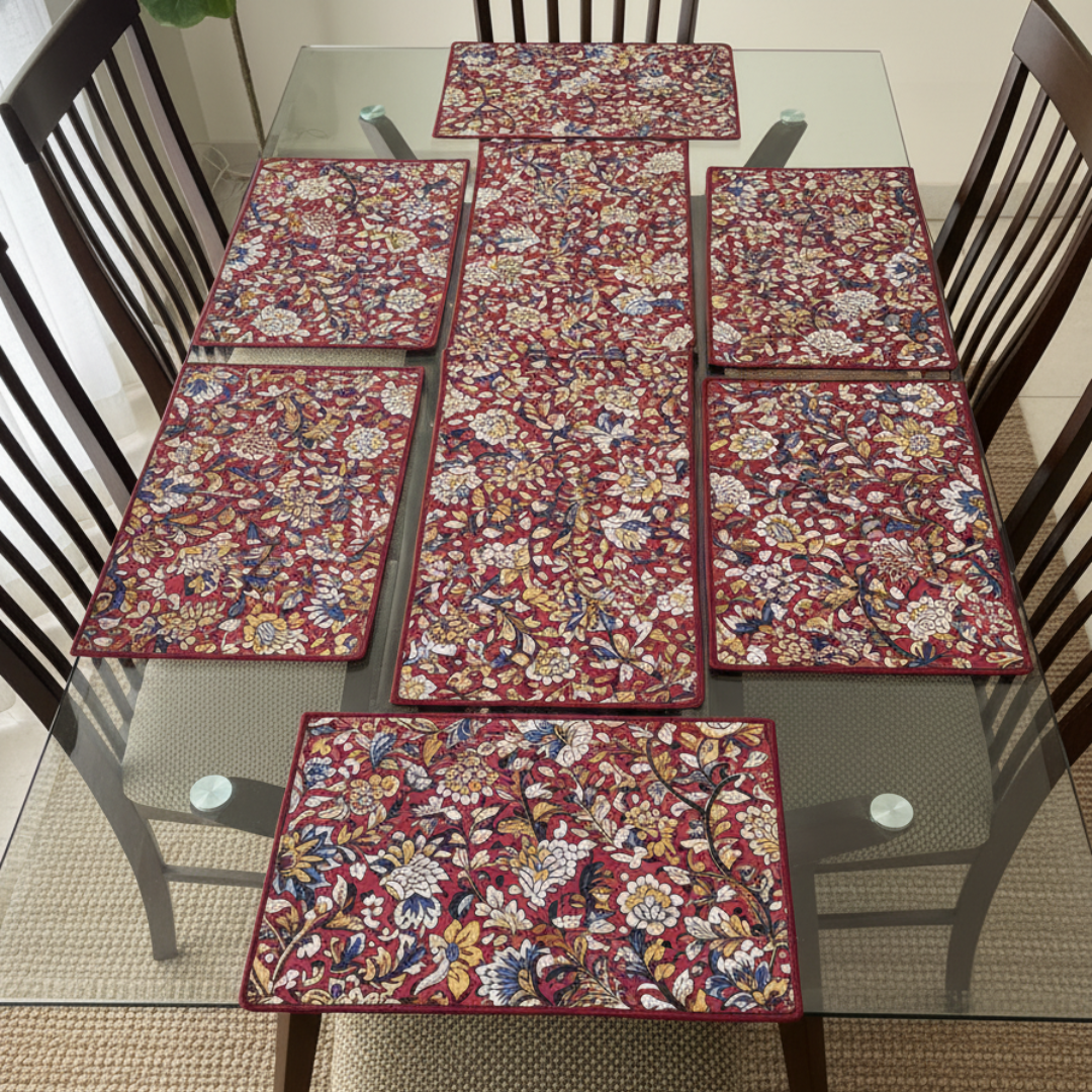 Maroon Kalamkari Quilted Table Mats With Runner Set