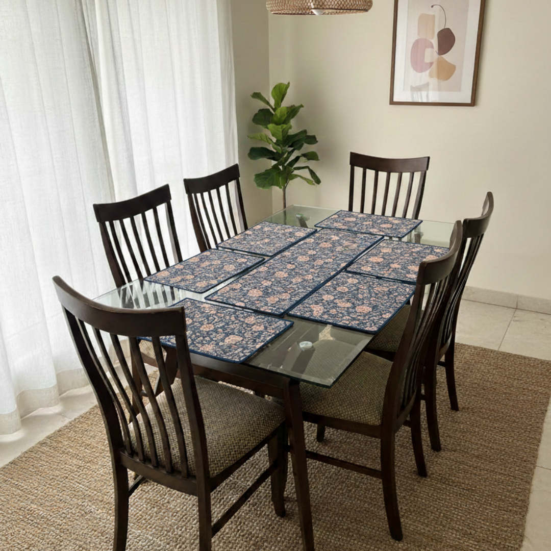 Navy Blue Floral - Quilted Table Mats With Runner Set