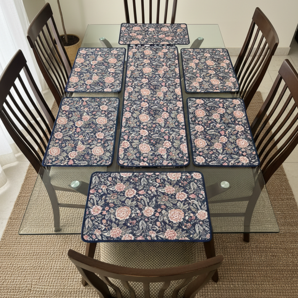 Navy Blue Floral - Quilted Table Mats With Runner Set