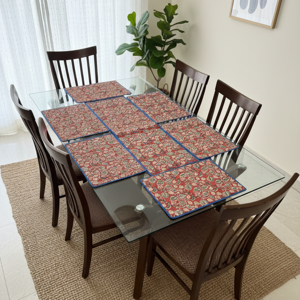 Red Kalamkari Quilted Table Mats With Runner Set