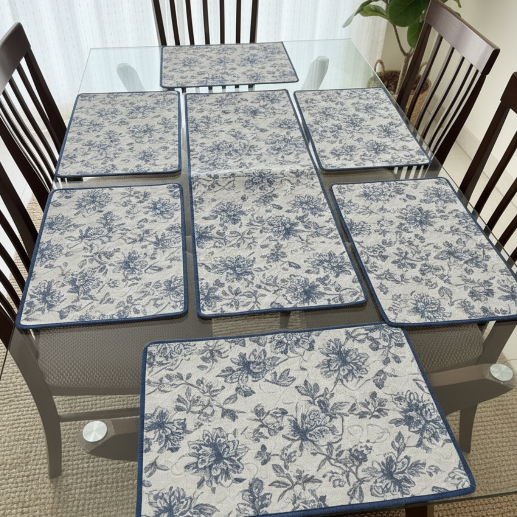 Grey Floral - Quilted Table Mats With Runner Set