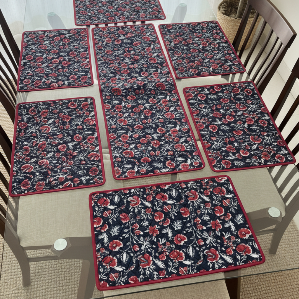 Black - Quilted Table Mats With Runner Set