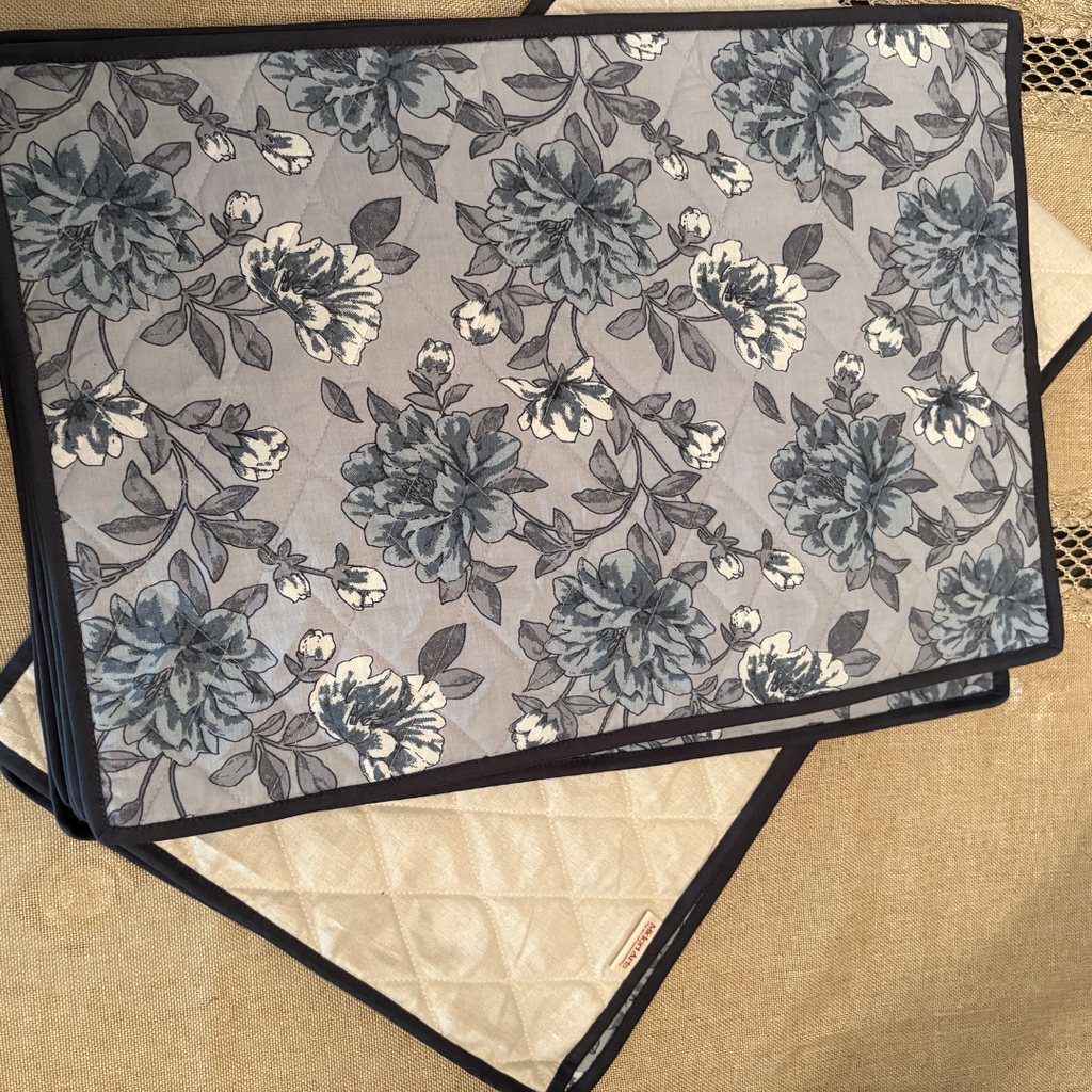 Grey Floral - Quilted Table Mats With Runner Set