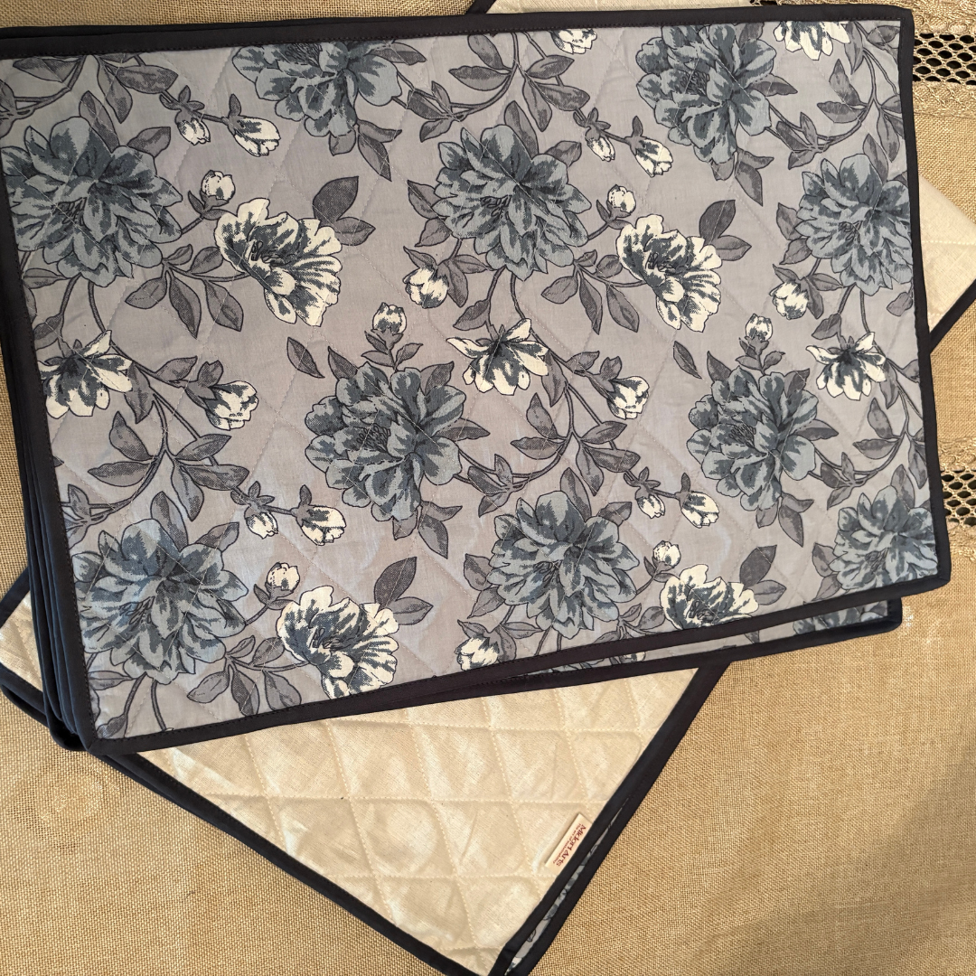 Grey Floral - Quilted Table Mats With Runner Set