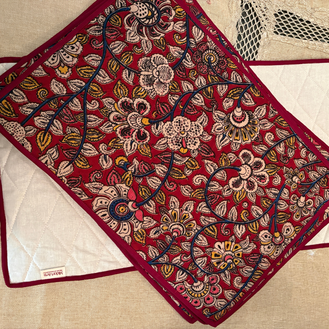 Maroon Kalamkari Quilted Table Mats With Runner Set