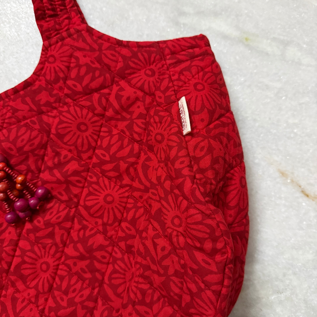 Red Handblock Boat Curve Quilted Tote