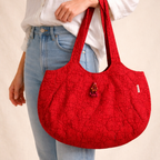 Red Handblock Boat Curve Quilted Tote