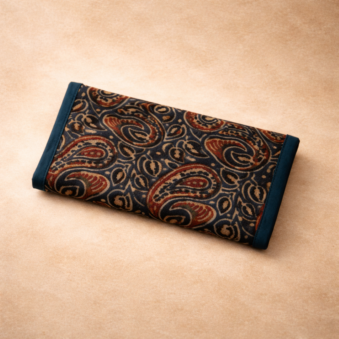 Green Floral Ajrakh Trifold Wallet