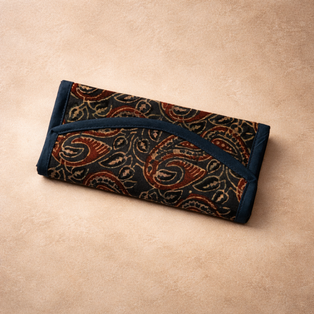 Green Floral Ajrakh Trifold Wallet