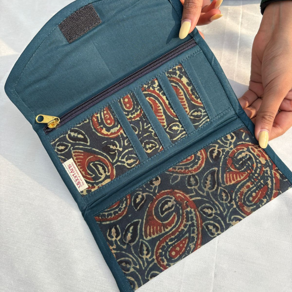 Green Floral Ajrakh Trifold Wallet