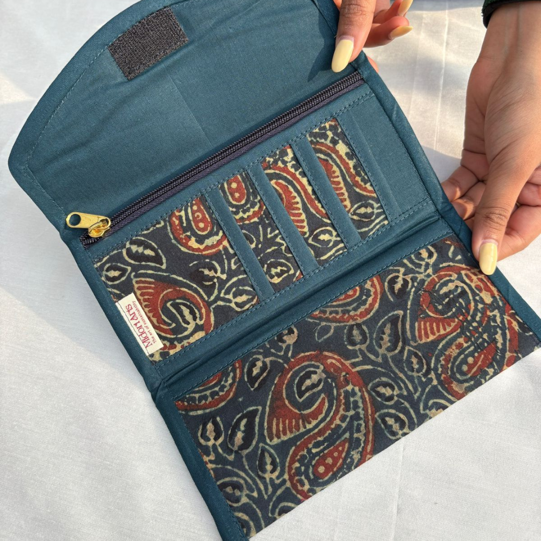 Green Floral Ajrakh Trifold Wallet
