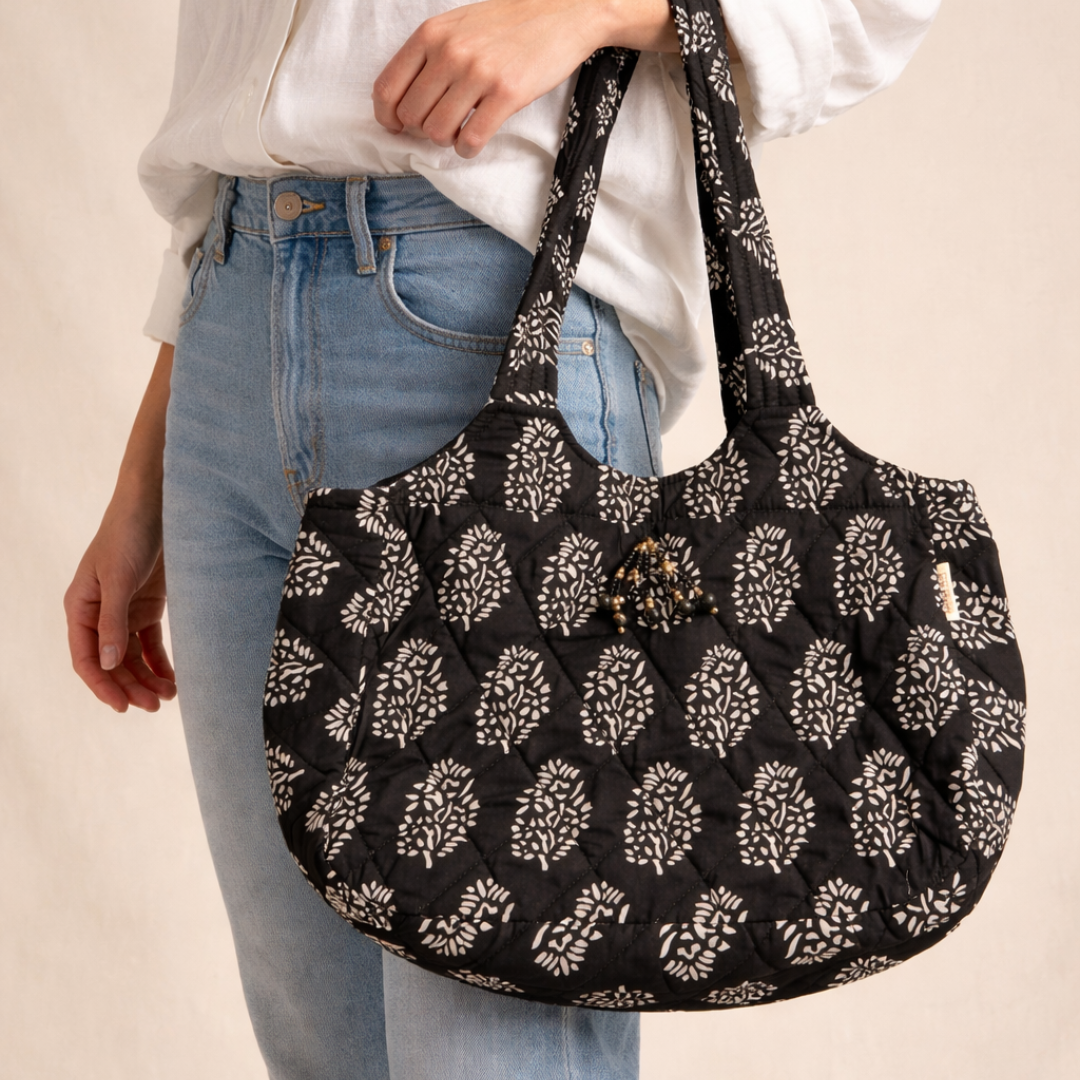 Black Boat Curve Handcrafted Quilted Tote