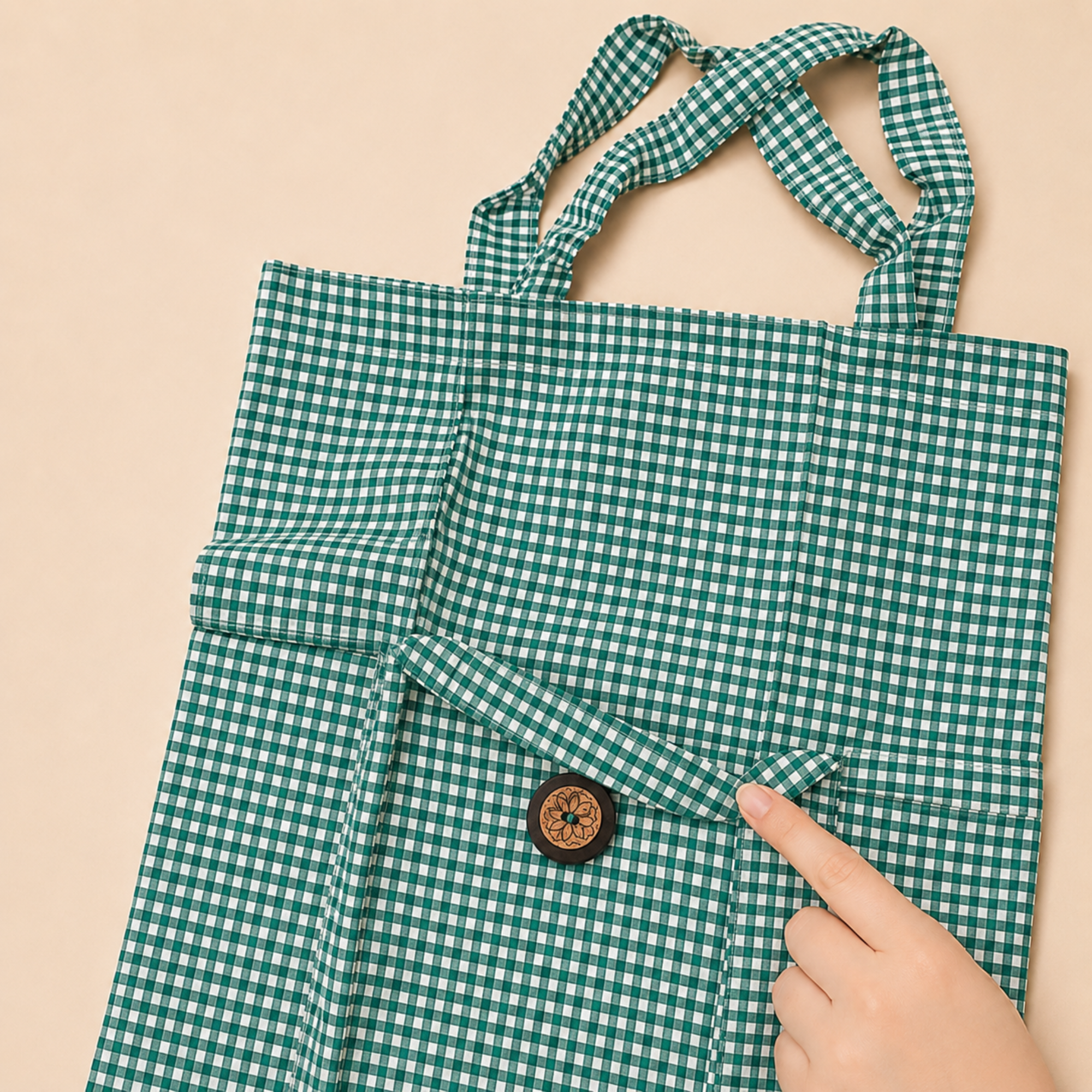 A green and white gingham tote bag with a small button detail, shown against a solid beige background with a hand pointing to the fabric texture.